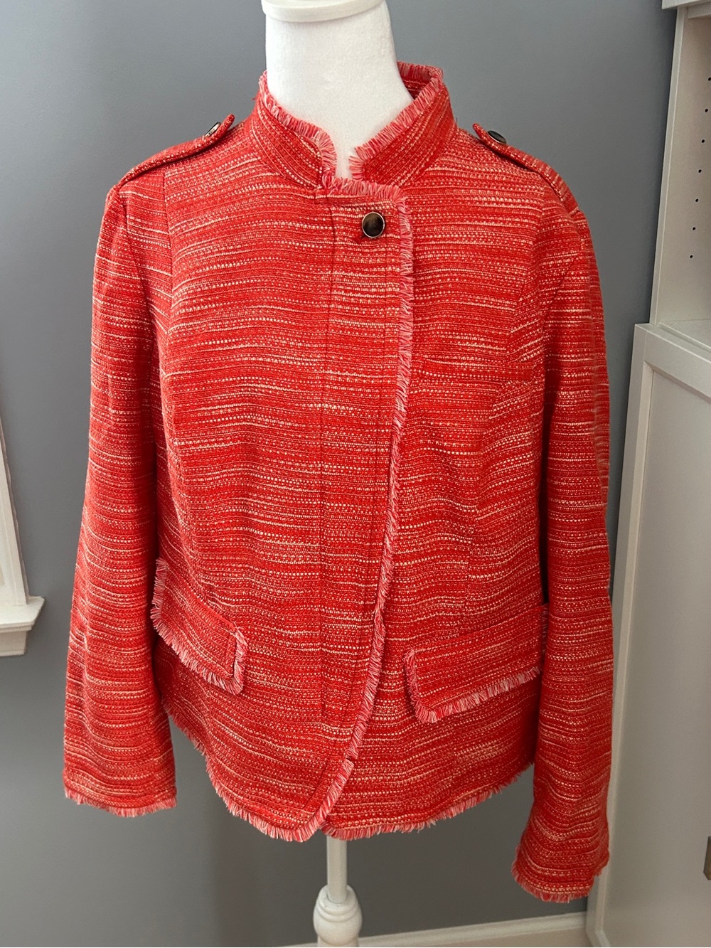 Chicos Orange White Moto Jacket Zip Blazer Size 2 L Large Raw Hem Fringe